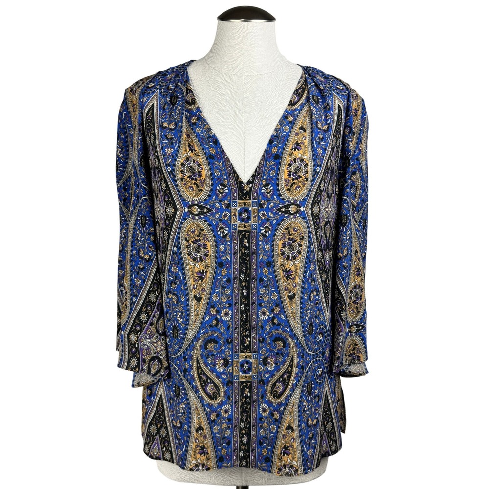 Kobi Halperin Womens Paisley Print Silk V-Neck Blouse Top Blue Gold‎ Black Small